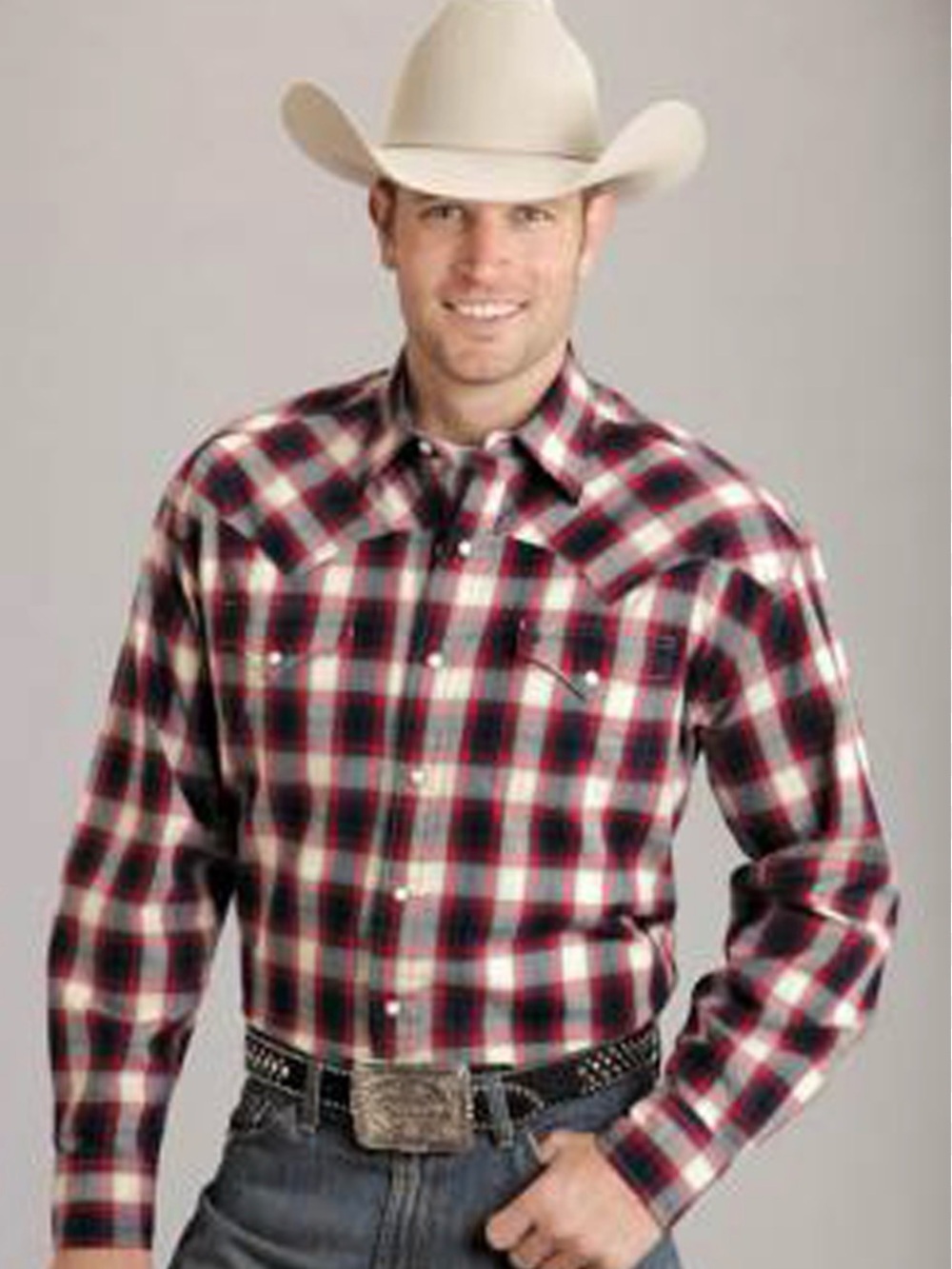 Stetson Men's Maroon and Gray Plaid Button-Down Shirt